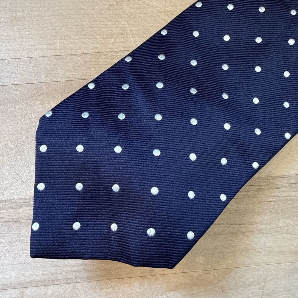 NAVY BLUE POLKA DOTS Lands End 100% Silk Tie